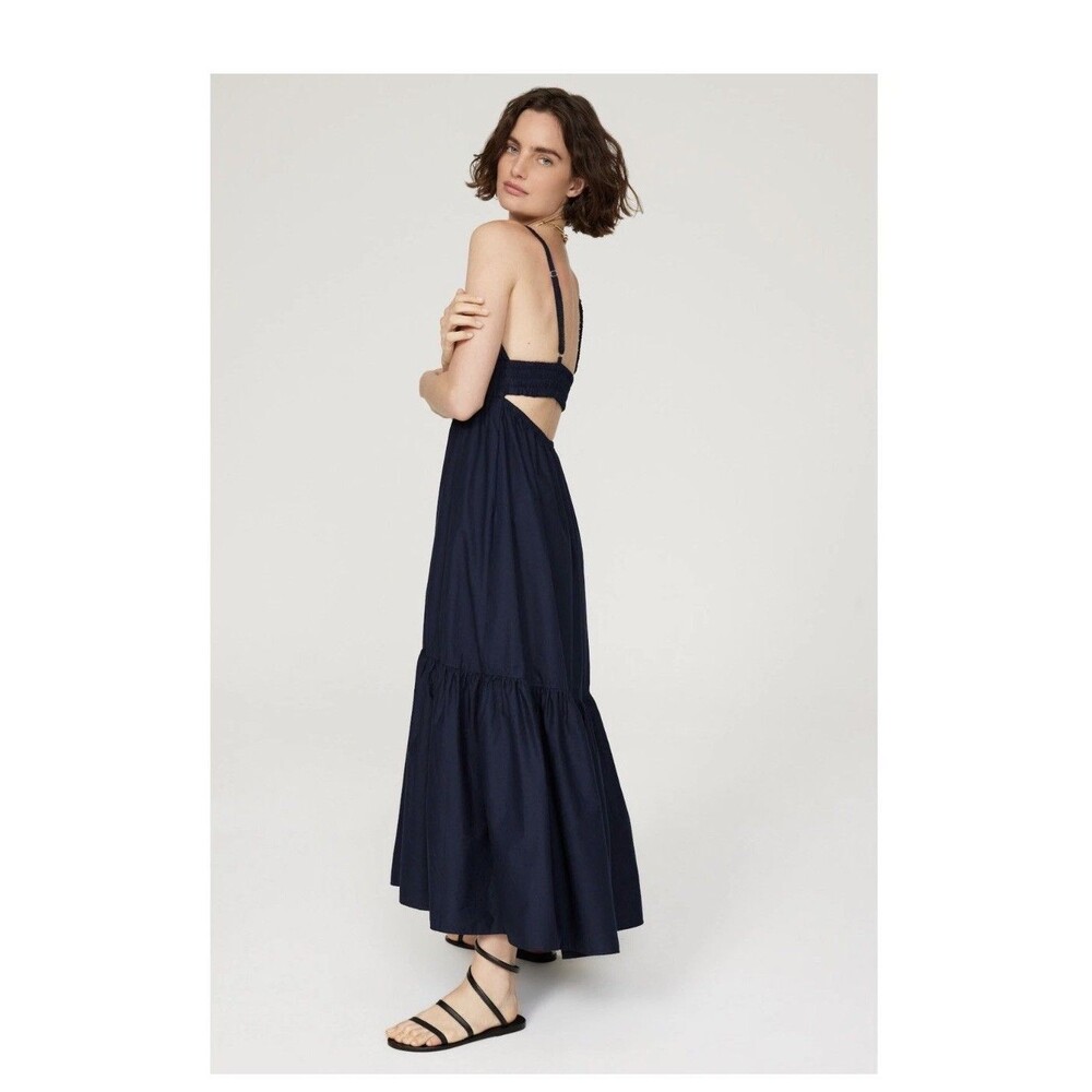 A.L.C. Rhodes Cotton Maxi Dress Navy Blue V-Neck Smocked Tiered Boho Size 6